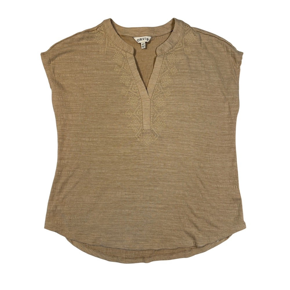 Orvis Womens Tan Embroidered Split V-Neck Textured Cap Sleeve Blouse Medium